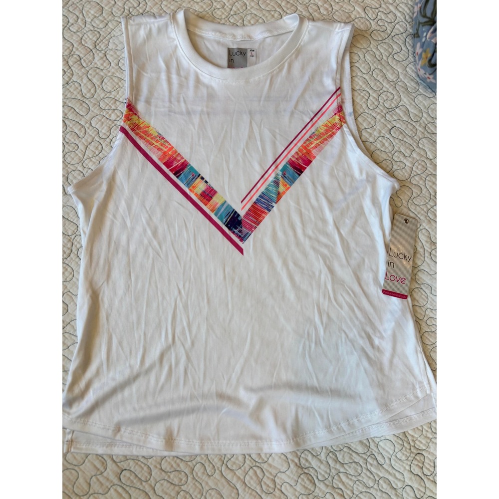 Lucky in Love Womens White Ribbed Athletic Tank Top Size Large 12